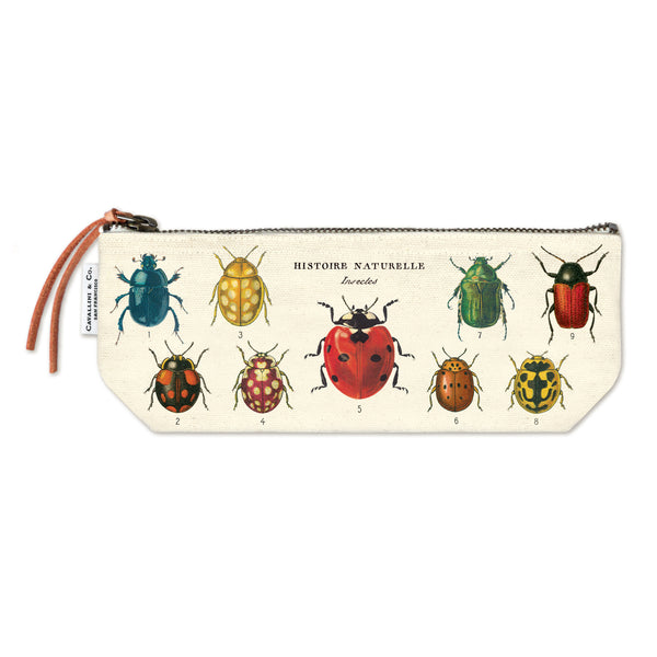 The mini pouch feature's natural history images of insects. They are made from 100% natural cotton, lined and have gusseted bottoms to stand on their own.